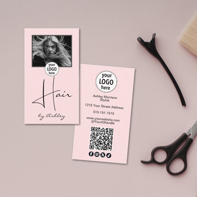 Carte De Visite Blush Pink Photo Script Hair Logo QR Code Social  (Créateur téléchargé)