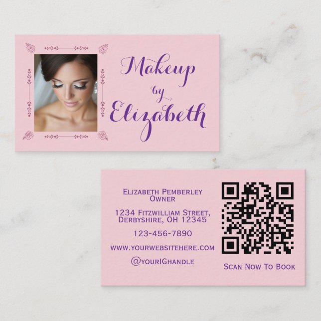 Carte De Visite Blush Pink Purple Script Photo Makeup (Devant / Derrière)