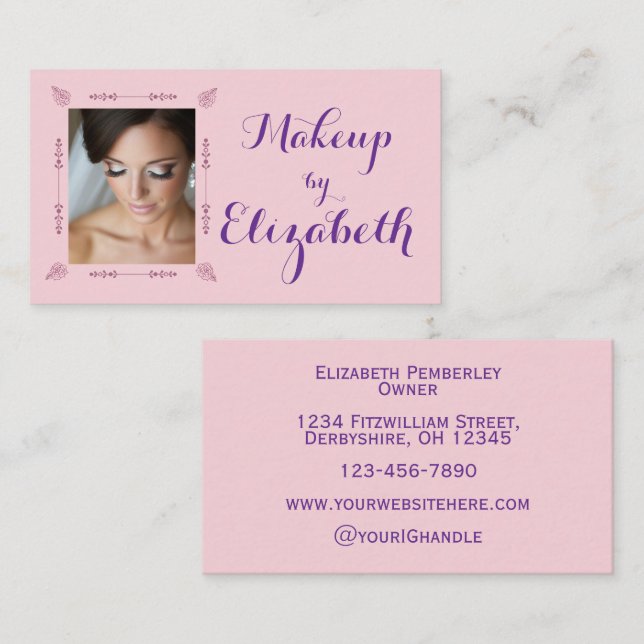 Carte De Visite Blush Pink Purple Script Photo Makeup (Devant / Derrière)