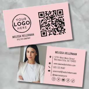 Carte De Visite Blush Pink QR Code Modern Professional Photo Logo