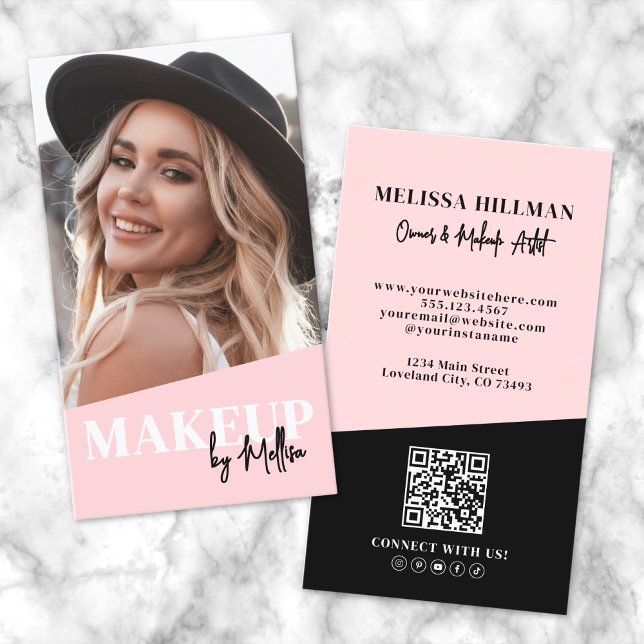 Carte De Visite Blush Pink QR Code Photo Makeup Vertical (Blush Pink QR Code Photo Makeup Vertical Business Card)