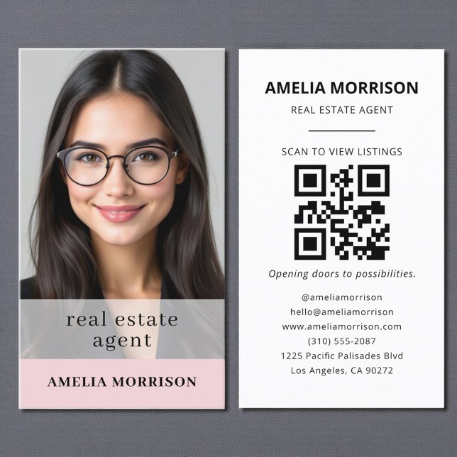 Carte De Visite Blush Pink Real Agent QR Code Photo (Créateur téléchargé)