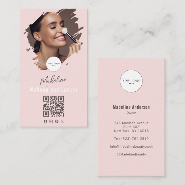 Carte De Visite Blush Pink Script Logo QR Code Photo Makeup (Devant / Derrière)