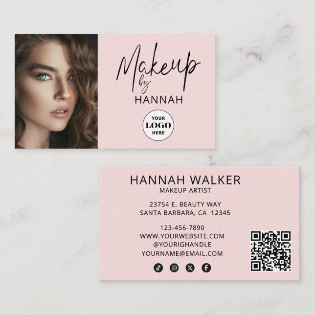 Carte De Visite Blush Pink Script Logo QR Code Photo Makeup (Devant / Derrière)