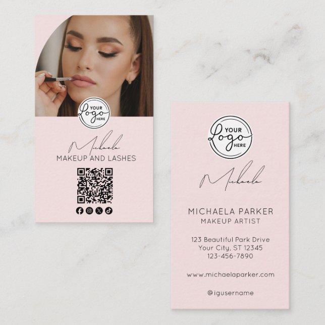 Carte De Visite Blush Pink Script Logo QR Code Photo Makeup (Devant / Derrière)