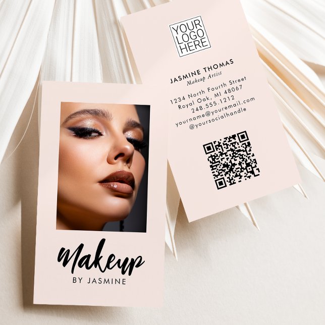 Carte De Visite Blush Pink Script Logo QR Code Photo Makeup (Créateur téléchargé)