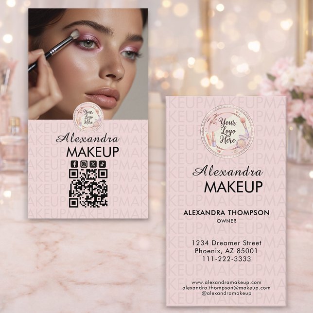 Carte De Visite Blush Pink Script Logo QR Code Photo Makeup (Créateur téléchargé)