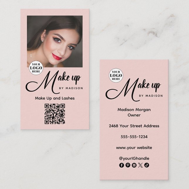 Carte De Visite Blush Pink Script Logo QR Code Photo Makeup (Créateur téléchargé)