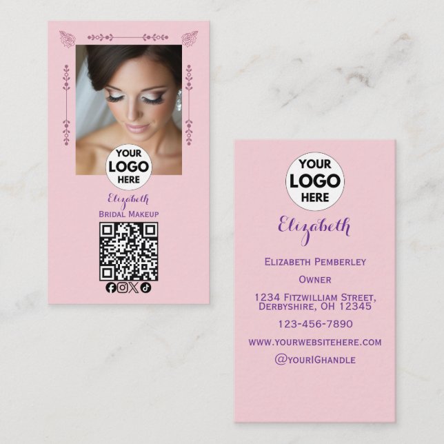 Carte De Visite Blush Pink Script Logo QR Code Photo Makeup (Devant / Derrière)