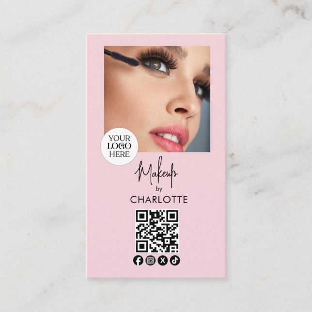 Carte De Visite Blush Pink Script Logo QR Code Photo Makeup (Devant)