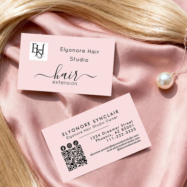 Carte De Visite Blush Pink Script Logo QR Social Hair Extension (Créateur téléchargé)