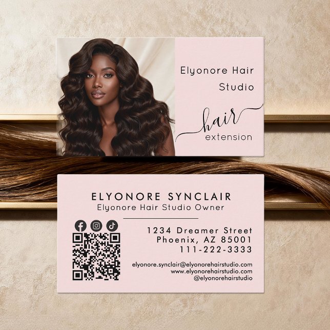 Carte De Visite Blush Pink Script Photo QR Social Hair Extension (Créateur téléchargé)