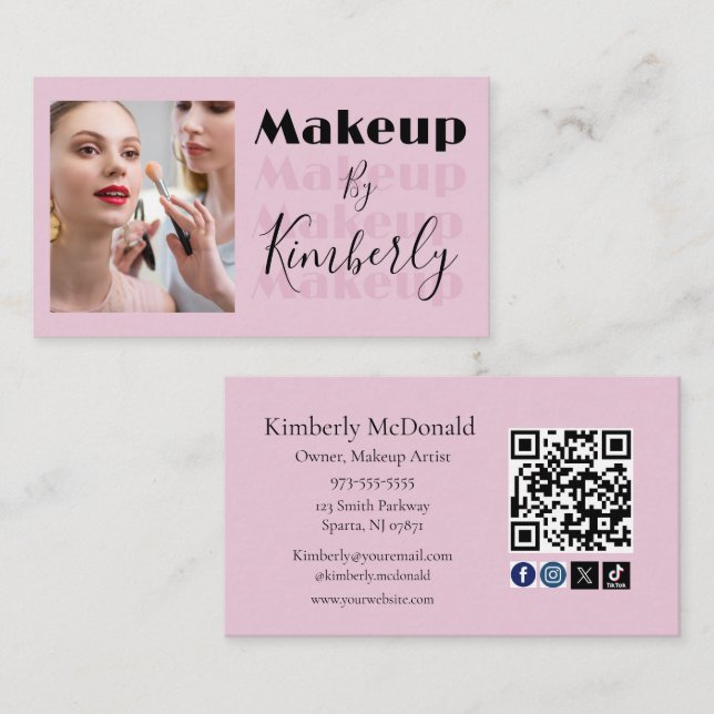 Carte De Visite Blush Pink Script Social Icon QR Code Photo (Devant / Derrière)