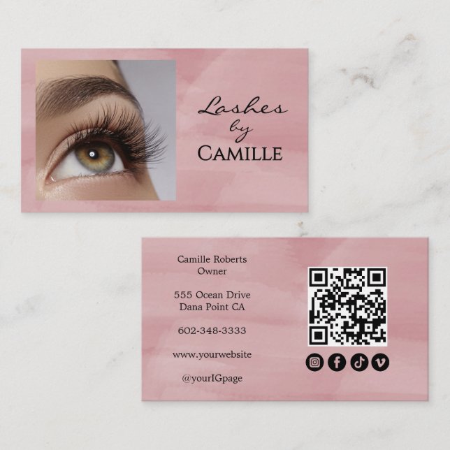 Carte De Visite Blush Pink Script Social Icon QR Code Photo Lash (Devant / Derrière)