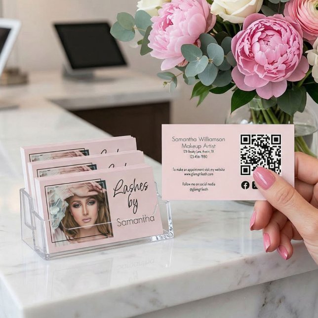 Carte De Visite Blush Pink Script Social Icon QR Code Photo Lashes (Créateur téléchargé)