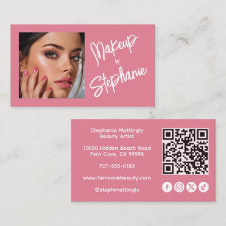 Carte De Visite Blush Pink Script Social Icon QR Code Photo Makeup