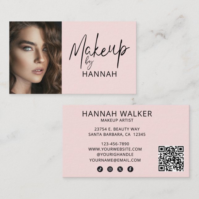 Carte De Visite Blush Pink Script Social Icon QR Code Photo Makeup (Devant / Derrière)
