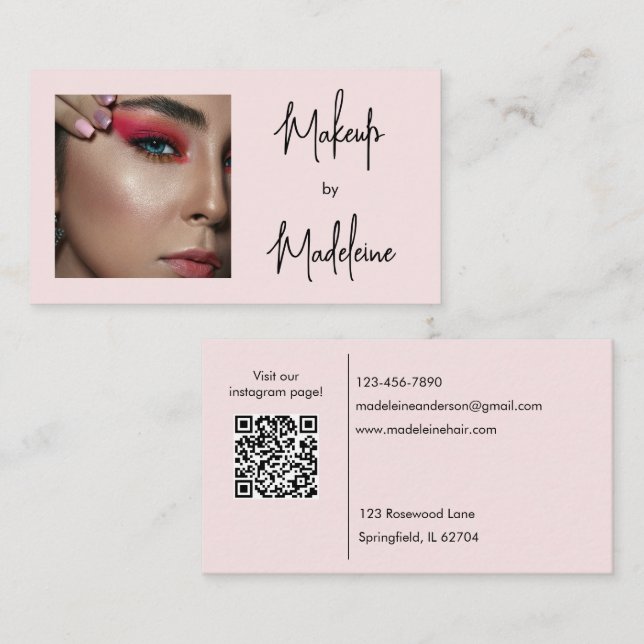 Carte De Visite Blush Pink Script Social Icon QR Code Photo Makeup (Devant / Derrière)