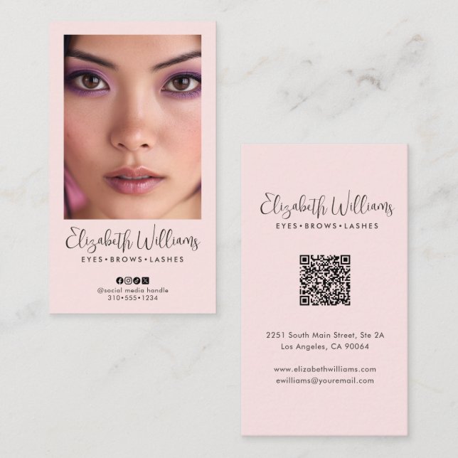 Carte De Visite Blush Pink Script Social Icon QR Code Photo Makeup (Devant / Derrière)
