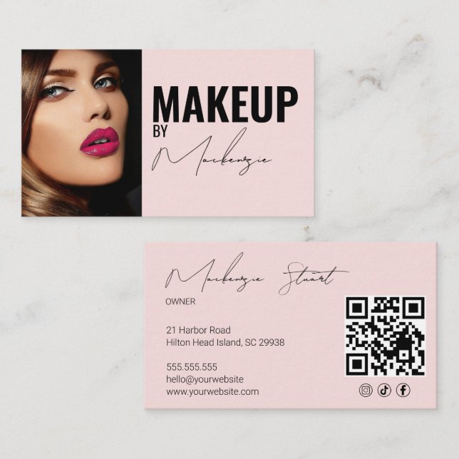 Carte De Visite Blush Pink Script Social Icon QR Code Photo Makeup (Devant / Derrière)