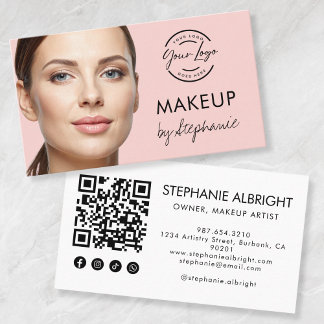 Carte De Visite Blush Pink Script Social Icon QR Code Photo Makeup