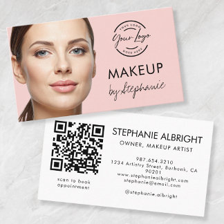 Carte De Visite Blush Pink Script Social Icon QR Code Photo Makeup