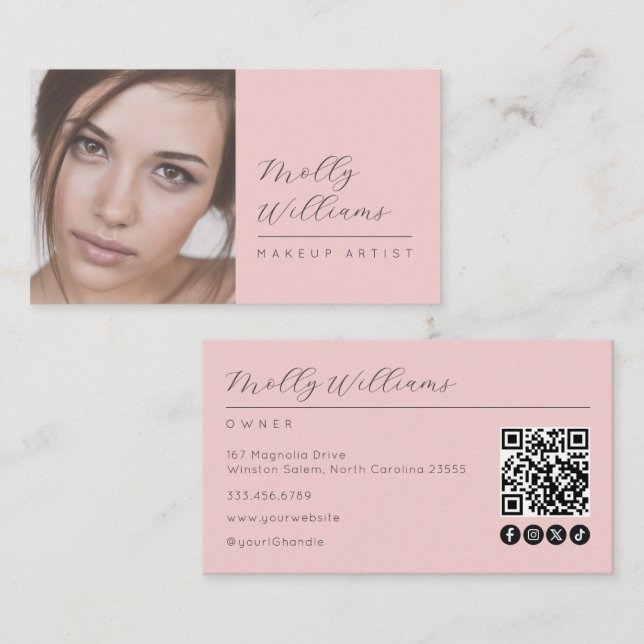 Carte De Visite Blush Pink Script Social Icon QR Code Photo Makeup (Devant / Derrière)