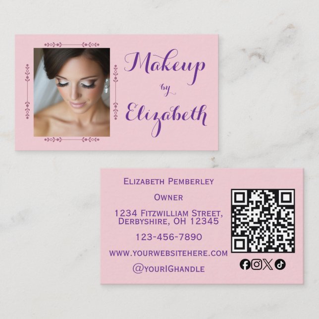 Carte De Visite Blush Pink Script Social Icon QR Code Photo Makeup (Devant / Derrière)