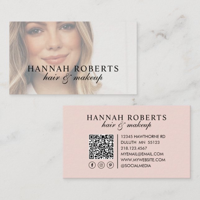Carte De Visite Blush Pink Script Social QR Code Photo Hair Makeup (Devant / Derrière)