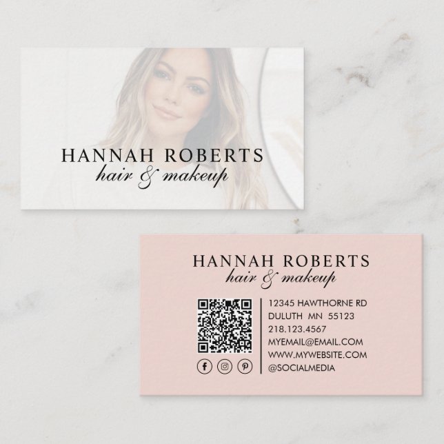Carte De Visite Blush Pink Script Social QR Code Photo Hair Makeup (Devant / Derrière)