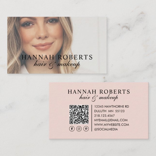 Carte De Visite Blush Pink Script Social QR Code Photo Hair Makeup (Devant / Derrière)