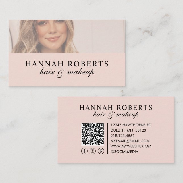 Carte De Visite Blush Pink Script Social QR Code Photo Hair Makeup (Devant / Derrière)