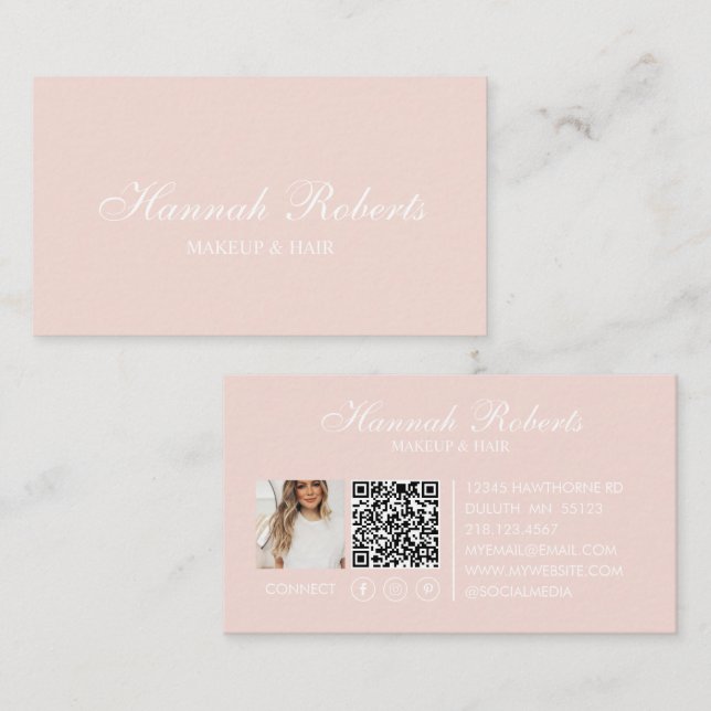 Carte De Visite Blush Pink Script Social QR Code Photo Hair Makeup (Devant / Derrière)