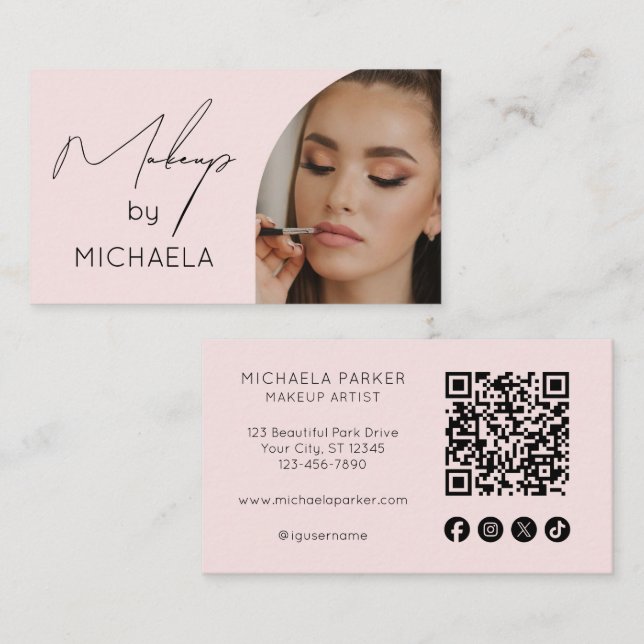 Carte De Visite Blush Pink Social Icon QR Code Photo Makeup (Devant / Derrière)
