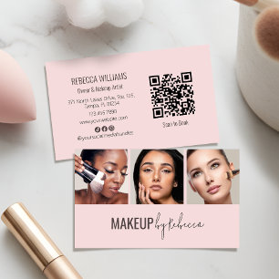 Carte De Visite Blush Rose 3 Code QR Photo Maquillage Moderne