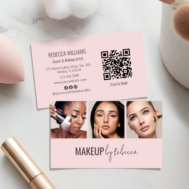 Carte De Visite Blush Rose 3 Code QR Photo Maquillage Moderne (An elegant and modern aesthetic for your makeup business, with fully customizable photos & QR code)