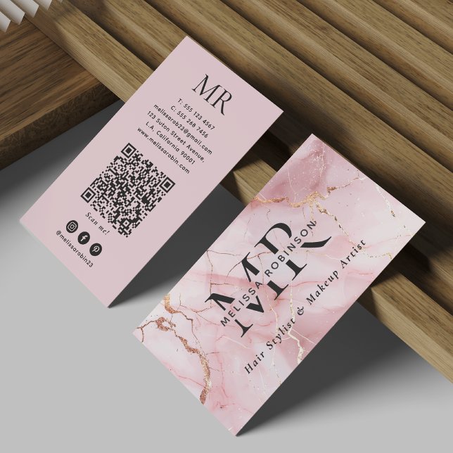 Carte De Visite Blush Rose Chic et Marbre Doré Monogramme et Code  (Créateur téléchargé)