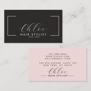 Carte De Visite Blush Rose Chic Noir Logo de Styliste Capillaire S