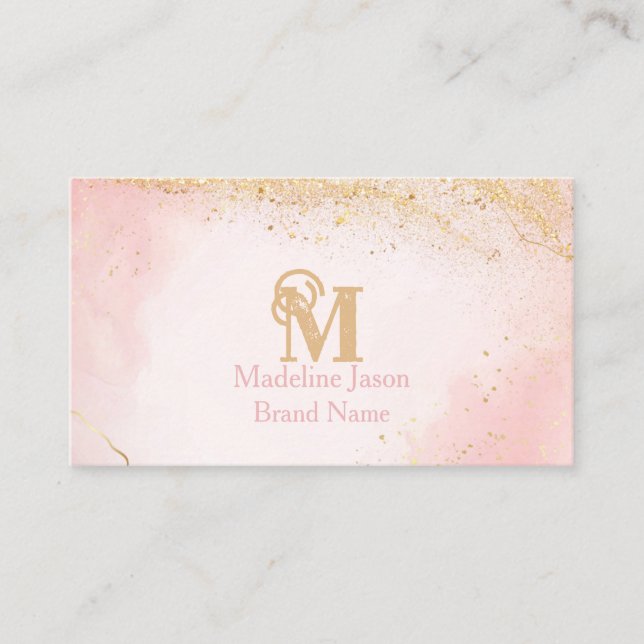 Carte De Visite Blush Rose Chic Paillet Or Marbre Agate Monogramme (Devant)