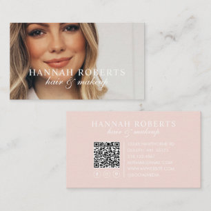 Carte De Visite Blush Rose Écriture Code QR Social Photo Maquillag