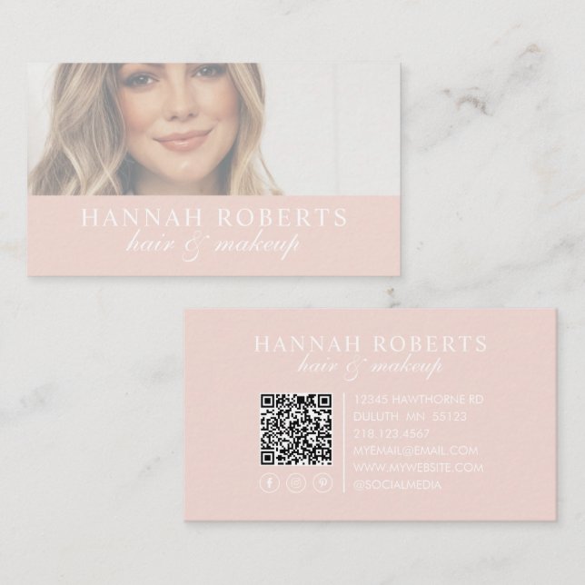 Carte De Visite Blush Rose Écriture Réseaux Sociaux Code QR Photo  (Devant / Derrière)