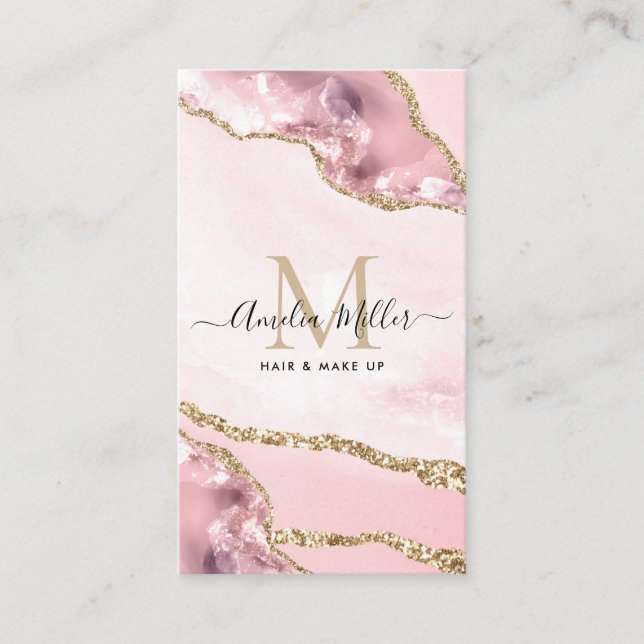 Carte De Visite Blush Rose Gold Marbre Agate Maquillage Monogramme (Devant)