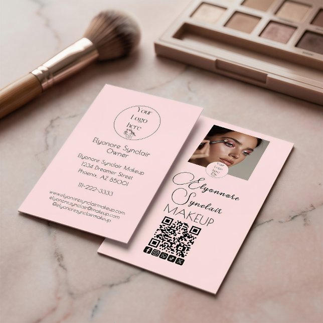 Carte De Visite Blush Rose Logo Script QR Code Photo Maquillage (Créateur téléchargé)