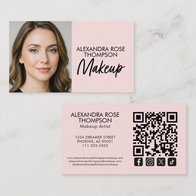 Carte De Visite Blush Rose Noir Écriture Qr Code Icône Sociale Maq (Devant / Derrière)