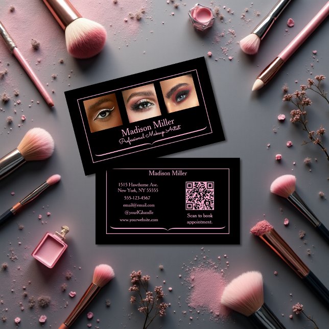 Carte De Visite Blush Rose Noir Icône Sociale QR Code Photo Maquil (Créateur téléchargé)