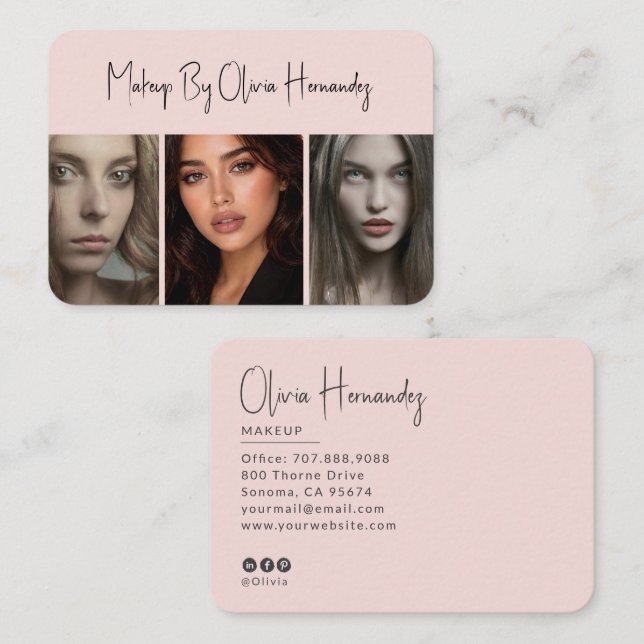 Carte De Visite Blush Rose Noir Script 3 Photo Maquillage  (Devant / Derrière)