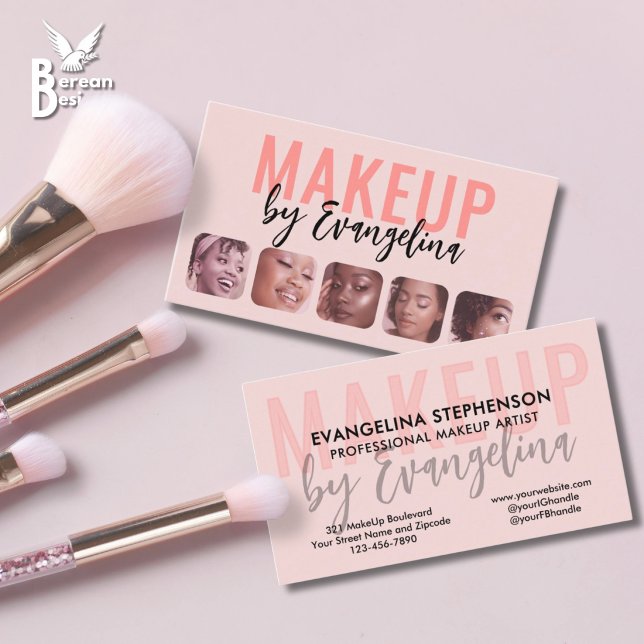 Carte De Visite Blush Rose Noir Script 5 Photo Maquilleuse (Elevate your MUA branding: Stylish BLUSH PINK MAKEUP BUSINESS CARD with room for 5 portfolio images)