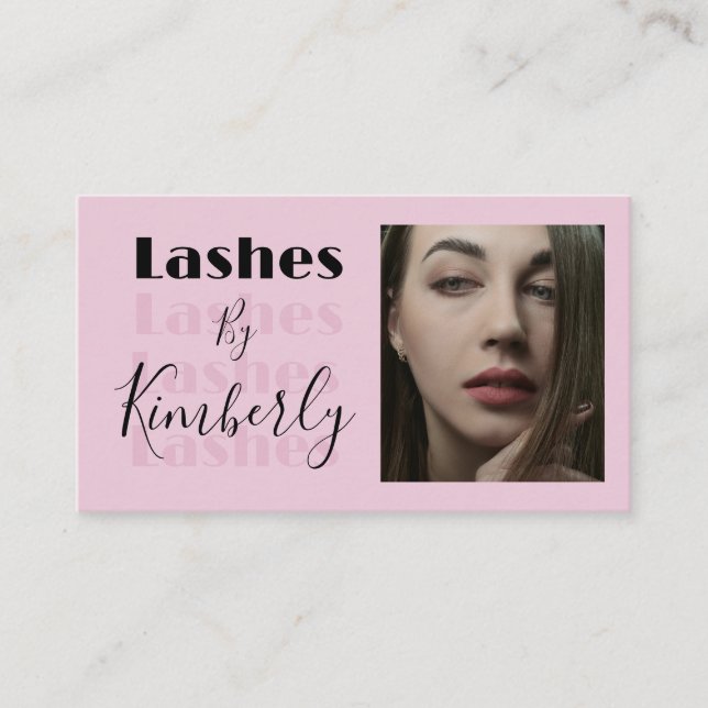 Carte de visite Blush Rose Noir Script Photo Cils (Devant)