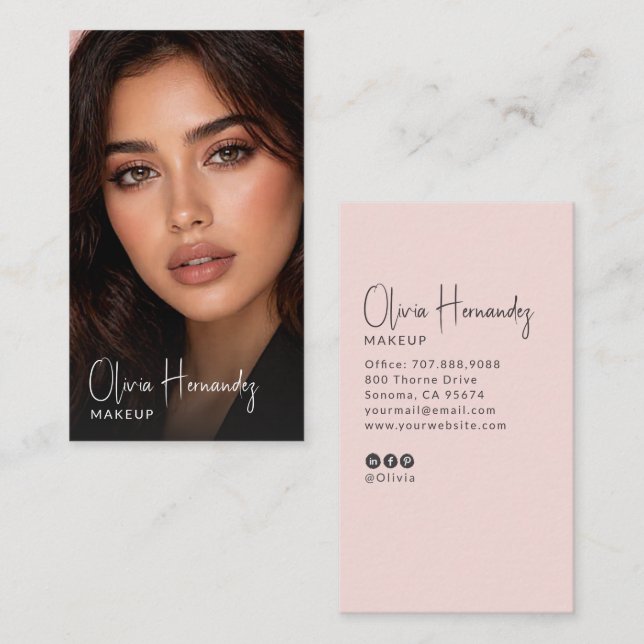 Carte De Visite Blush Rose Noir Script Photo Maquilleuse (Devant / Derrière)