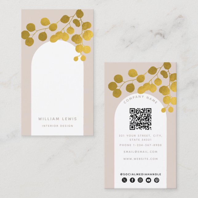 Carte De Visite Blush rose or Feuille moderne Arch QR Code (Devant / Derrière)